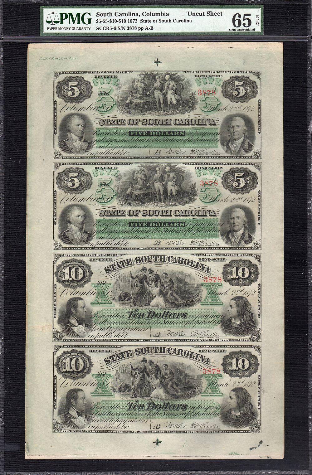 Columbia, SC Revenue Bond Scrip Sheet, 1872 $5-5-10-10, SN=3878, GemCU, PMG65-EPQ